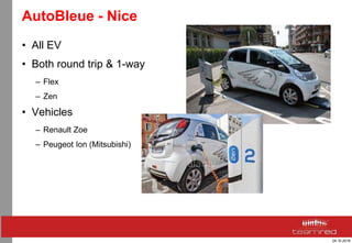 24.10.2016
AutoBleue - Nice
• All EV
• Both round trip & 1-way
– Flex
– Zen
• Vehicles
– Renault Zoe
– Peugeot Ion (Mitsubishi)
 