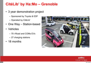 24.10.2016
CitéLib’ by Ha:Mo – Grenoble
• 3 year demonstration project
– Sponsored by Toyota & EDF
– Operated by CitéLib’
• One Way – Station-based
• Vehicles
– 70 i-Road and COMs EVs
– 27 charging stations
• 18 months
 