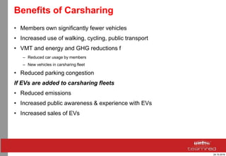 24.10.2016
Benefits of Carsharing
• Members own significantly fewer vehicles
• Increased use of walking, cycling, public transport
• VMT and energy and GHG reductions f
– Reduced car usage by members
– New vehicles in carsharing fleet
• Reduced parking congestion
If EVs are added to carsharing fleets
• Reduced emissions
• Increased public awareness & experience with EVs
• Increased sales of EVs
 
