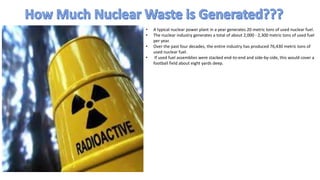 • A typical nuclear power plant in a year generates 20 metric tons of used nuclear fuel.
• The nuclear industry generates a total of about 2,000 - 2,300 metric tons of used fuel
per year.
• Over the past four decades, the entire industry has produced 76,430 metric tons of
used nuclear fuel.
• If used fuel assemblies were stacked end-to-end and side-by-side, this would cover a
football field about eight yards deep.
 