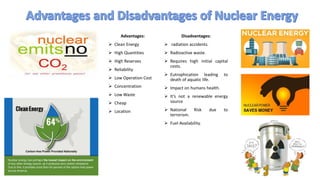 Advantages:
 Clean Energy
 High Quantities
 High Reserves
 Reliability
 Low Operation Cost
 Concentration
 Low Waste
 Cheap
 Location
Disadvantages:
 radiation accidents.
 Radioactive waste.
 Requires high initial capital
costs.
 Eutrophication leading to
death of aquatic life.
 Impact on humans health.
 It’s not a renewable energy
source
 National Risk due to
terrorism.
 Fuel Availability.
 