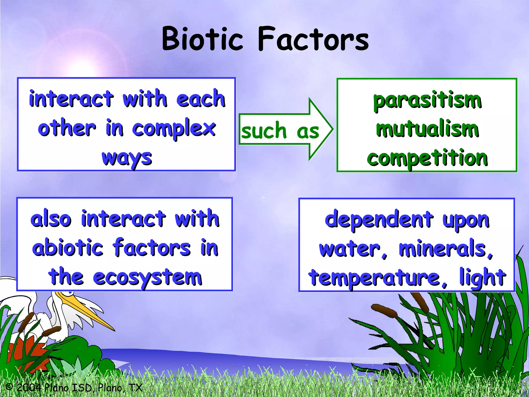 © 2004 Plano ISD, Plano, TX
interact with eachinteract with each
other in complexother in complex
waysways
interact with eachinteract with each
other in complexother in complex
waysways
Biotic Factors
also interact withalso interact with
abiotic factors inabiotic factors in
the ecosystemthe ecosystem
also interact withalso interact with
abiotic factors inabiotic factors in
the ecosystemthe ecosystem
parasitismparasitism
mutualismmutualism
competitioncompetition
parasitismparasitism
mutualismmutualism
competitioncompetition
dependent upondependent upon
water, minerals,water, minerals,
temperature, lighttemperature, light
dependent upondependent upon
water, minerals,water, minerals,
temperature, lighttemperature, light
such assuch as
 