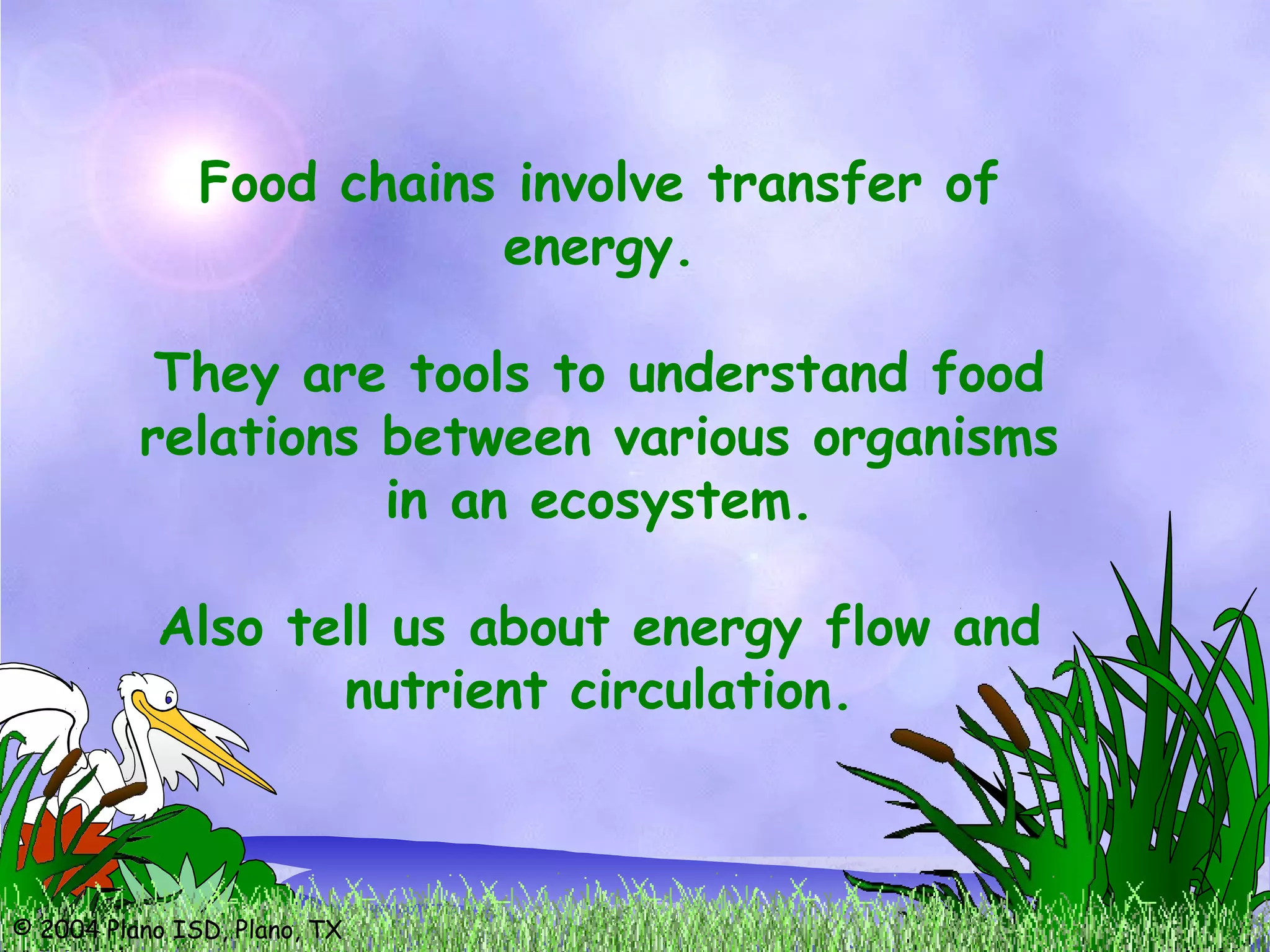 © 2004 Plano ISD, Plano, TX
Food chains involve transfer of
energy.
They are tools to understand food
relations between various organisms
in an ecosystem.
Also tell us about energy flow and
nutrient circulation.
 