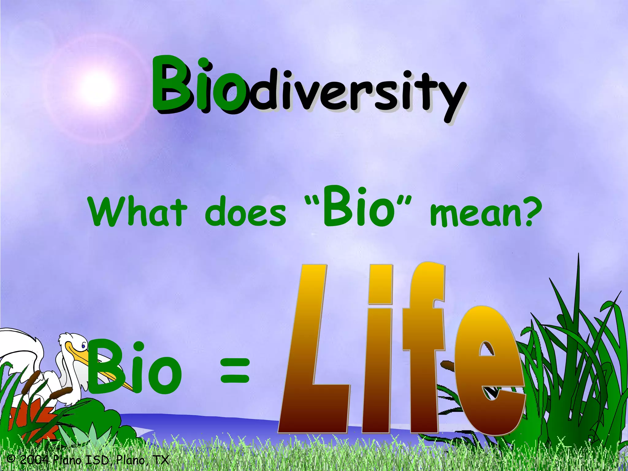 © 2004 Plano ISD, Plano, TX
Bio =
BioBiodiversitydiversity
What does “Bio” mean?
 