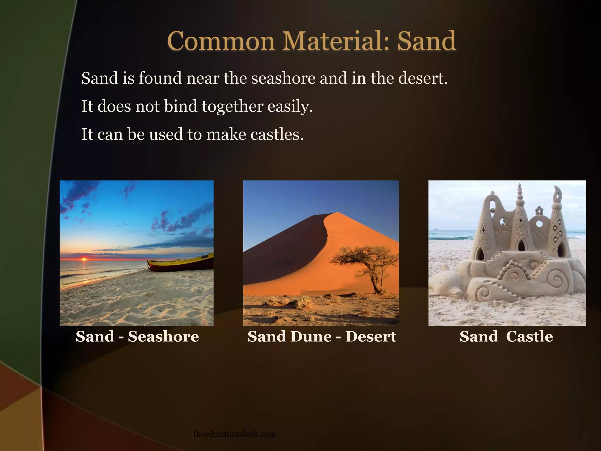 Sand is found near the seashore and in the desert.
It does not bind together easily.
It can be used to make castles.
Sand - Seashore
Sand Dune - Desert
theeducationdesk.com
Sand Castle