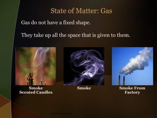 Gas do not have a fixed shape.
They take up all the space that is given to them.

Smoke
Scented Candles

theeducationdesk.com

Smoke

Smoke From
Factory

 