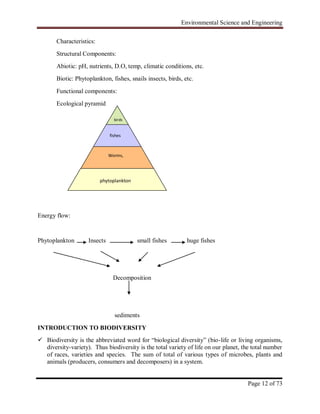 Environmental Science and Engineering
Page 12 of 73
Characteristics:
Structural Components:
Abiotic: pH, nutrients, D.O, temp, climatic conditions, etc.
Biotic: Phytoplankton, fishes, snails insects, birds, etc.
Functional components:
Ecological pyramid
Energy flow:
Phytoplankton Insects small fishes huge fishes
Decomposition
sediments
INTRODUCTION TO BIODIVERSITY
 Biodiversity is the abbreviated word for “biological diversity” (bio-life or living organisms,
diversity-variety). Thus biodiversity is the total variety of life on our planet, the total number
of races, varieties and species. The sum of total of various types of microbes, plants and
animals (producers, consumers and decomposers) in a system.
phytoplankton
Worms,
insects
fishes
birds
 