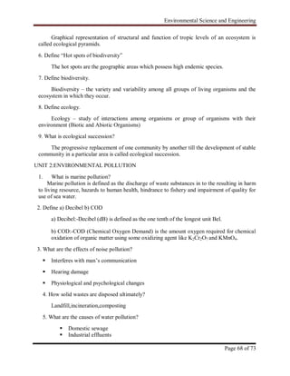 Environmental Science and Engineering
Page 68 of 73
Graphical representation of structural and function of tropic levels of an ecosystem is
called ecological pyramids.
6. Define “Hot spots of biodiversity”
The hot spots are the geographic areas which possess high endemic species.
7. Define biodiversity.
Biodiversity – the variety and variability among all groups of living organisms and the
ecosystem in which they occur.
8. Define ecology.
Ecology – study of interactions among organisms or group of organisms with their
environment (Biotic and Abiotic Organisms)
9. What is ecological succession?
The progressive replacement of one community by another till the development of stable
community in a particular area is called ecological succession.
UNIT 2:ENVIRONMENTAL POLLUTION
1. What is marine pollution?
Marine pollution is defined as the discharge of waste substances in to the resulting in harm
to living resource, hazards to human health, hindrance to fishery and impairment of quality for
use of sea water.
2. Define a) Decibel b) COD
a) Decibel:-Decibel (dB) is defined as the one tenth of the longest unit Bel.
b) COD:-COD (Chemical Oxygen Demand) is the amount oxygen required for chemical
oxidation of organic matter using some oxidizing agent like K2Cr2O7 and KMnO4.
3. What are the effects of noise pollution?
 Interferes with man‟s communication
 Hearing damage
 Physiological and psychological changes
4. How solid wastes are disposed ultimately?
Landfill,incineration,composting
5. What are the causes of water pollution?
 Domestic sewage
 Industrial effluents
 