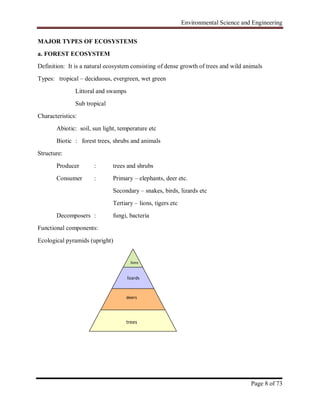 Environmental Science and Engineering
Page 8 of 73
MAJOR TYPES OF ECOSYSTEMS
a. FOREST ECOSYSTEM
Definition: It is a natural ecosystem consisting of dense growth of trees and wild animals
Types: tropical – deciduous, evergreen, wet green
Littoral and swamps
Sub tropical
Characteristics:
Abiotic: soil, sun light, temperature etc
Biotic : forest trees, shrubs and animals
Structure:
Producer : trees and shrubs
Consumer : Primary – elephants, deer etc.
Secondary – snakes, birds, lizards etc
Tertiary – lions, tigers etc
Decomposers : fungi, bacteria
Functional components:
Ecological pyramids (upright)
trees
deers
lizards
lions
 