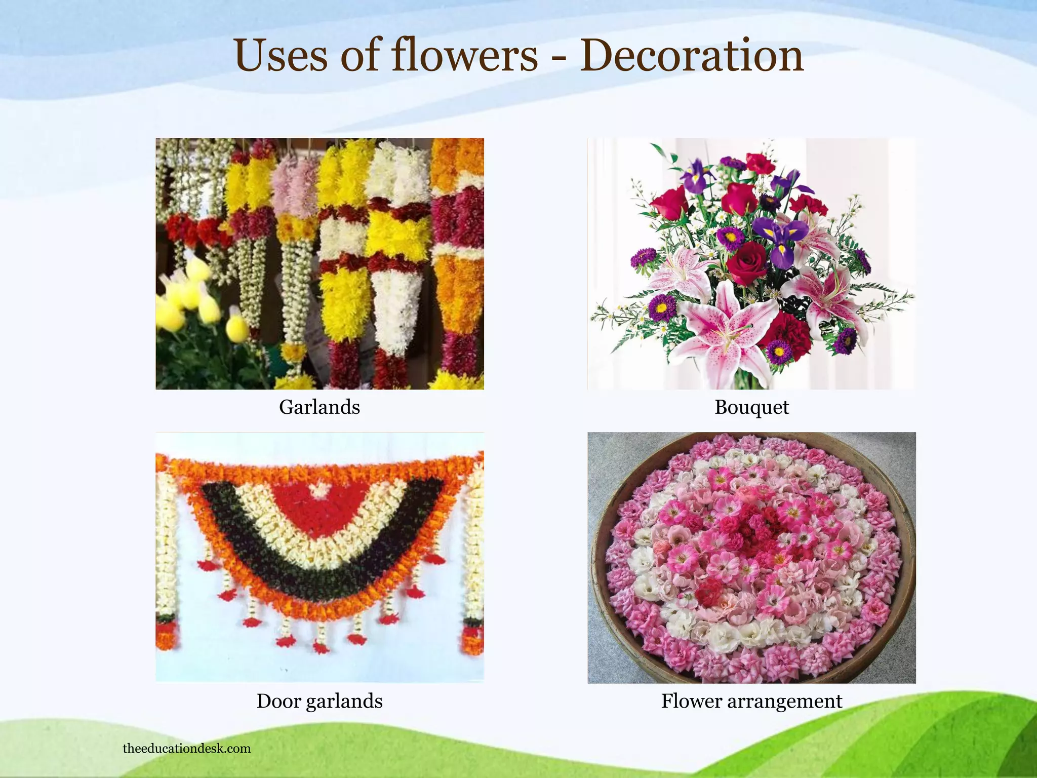 Door garlands Flower arrangement
Uses of flowers - Decoration
Garlands Bouquet
theeducationdesk.com
 
