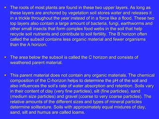  The roots of most plants are found in these two upper layers. As long as
these layers are anchored by vegetation soil stores water and releases it
in a trickle throughout the year instead of in a force like a flood. These two
top layers also contain a large amount of bacteria, fungi, earthworms and
other small insects that form complex food webs in the soil that help
recycle soil nutrients and contribute to soil fertility. The B horizon often
called the subsoil contains less organic material and fewer organisms
than the A horizon.
 The area below the subsoil is called the C horizon and consists of
weathered parent material.
 This parent material does not contain any organic materials. The chemical
composition of the C-horizon helps to determine the pH of the soil and
also influences the soil’s rate of water absorption and retention. Soils vary
in their content of clay (very fine particles), silt (fine particles), sand
(medium size particles) and gravel (coarse to very coarse particles). The
relative amounts of the different sizes and types of mineral particles
determine soiltexture. Soils with approximately equal mixtures of clay,
sand, silt and humus are called loams.
 