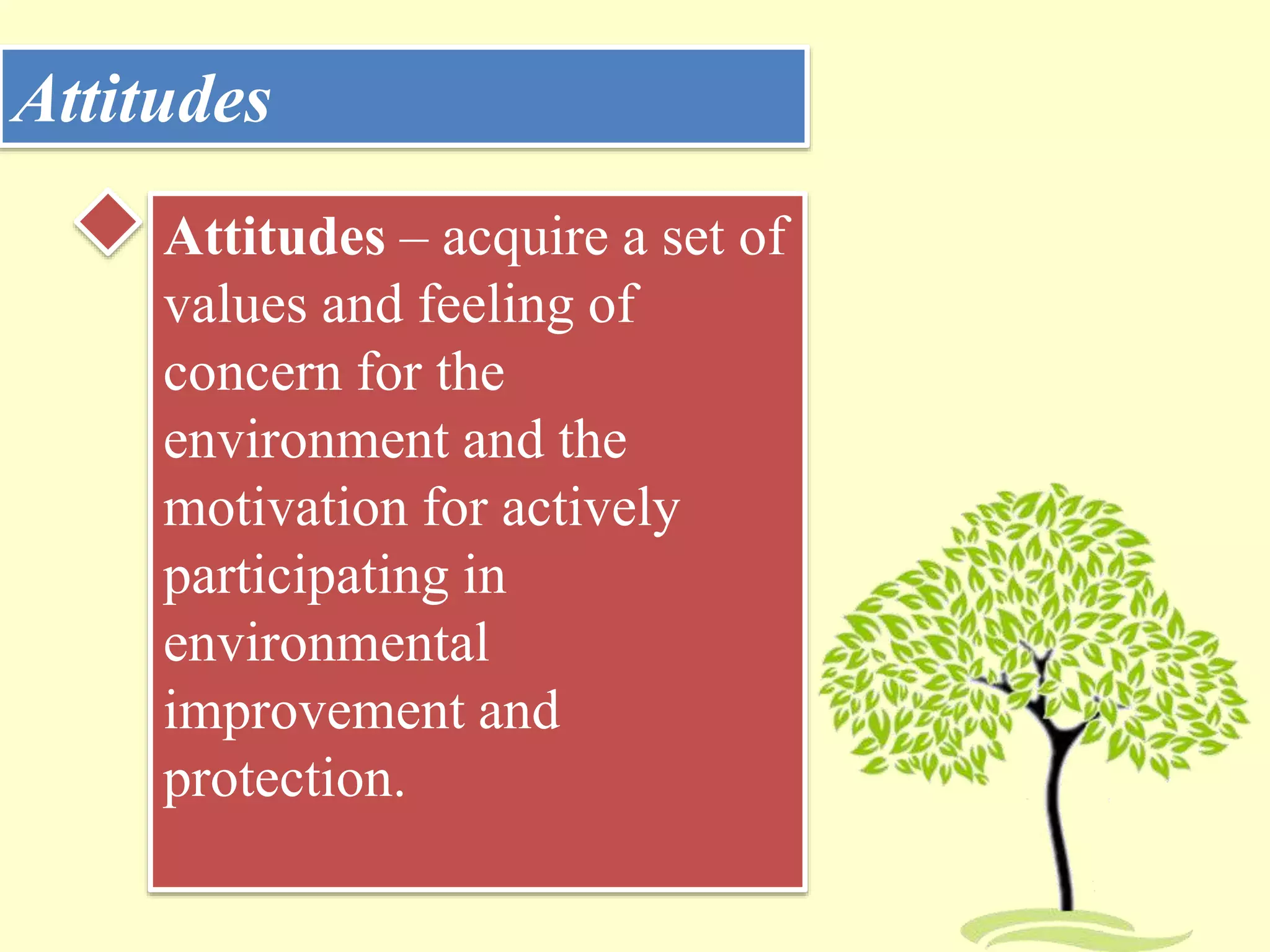 Attitudes
Attitudes – acquire a set of
values and feeling of
concern for the
environment and the
motivation for actively
participating in
environmental
improvement and
protection.
 
