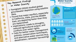 Key Research Findings
on Water Scarcity
Famiglietti (2014) studied global
groundwater depletion using satellite
data.
Found that major aquifers, especially
in California, India, and the Middle
East, are depleting faster than they
are replenished.
Implications: Leads to droughts,
reduced agricultural output, and
conflicts over water rights.
Calls for better water management
policies, conservation techniques,
and alternative water sources (e.g.,
desalination, rainwater harvesting)
 