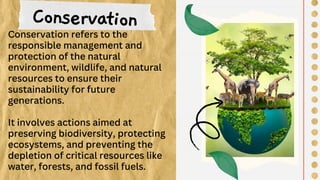 Conservation
Conservation refers to the
responsible management and
protection of the natural
environment, wildlife, and natural
resources to ensure their
sustainability for future
generations.
It involves actions aimed at
preserving biodiversity, protecting
ecosystems, and preventing the
depletion of critical resources like
water, forests, and fossil fuels.
 