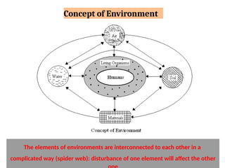 The elements of environments are interconnected to each other in a
complicated way (spider web): disturbance of one element will affect the other
Concept of Environment
 