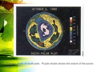 Satellite photo of south pole. Purple shade shows the extent of the ozone
hole.
 