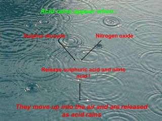 Acid rains appear when :
Sulphur dioxyde Nitrogen oxide
Release sulphuric acid and nitric
acid !
They move up into the air and are released
as acid rains
 