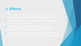 3. Effects
 Fertilizers and pesticides enter rivers and lakes,
causing eutrophication and killing aquatic life.
 Continuous chemical use reduces soil fertility and
makes it less productive.
 Burning residues and livestock release gases that
increase air pollution and climate change.
 Contaminated water and food cause serious human
health problems like cancer and respiratory diseases.
 
