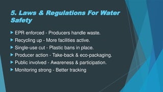 5. Laws & Regulations For Water
Safety
 EPR enforced - Producers handle waste.
 Recycling up - More facilities active.
 Single-use cut - Plastic bans in place.
 Producer action - Take-back & eco-packaging.
 Public involved - Awareness & participation.
 Monitoring strong - Better tracking
 