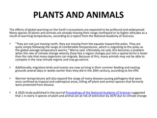PLANTS AND ANIMALS
The effects of global warming on the Earth's ecosystems are expected to be profound and widespread.
Many species of plants and animals are already moving their range northward or to higher altitudes as a
result of warming temperatures, according to a report from the National Academy of Sciences.
• "They are not just moving north, they are moving from the equator toward the poles. They are
quite simply following the range of comfortable temperatures, which is migrating to the poles as
the global average temperature warms," Werne said. Ultimately, he said, this becomes a problem
when the rate of climate change velocity (how fast a region changes put into a spatial term) is faster
than the rate that many organisms can migrate. Because of this, many animals may not be able to
compete in the new climate regime and may go extinct.
• Additionally, migratory birds and insects are now arriving in their summer feeding and nesting
grounds several days or weeks earlier than they did in the 20th century, according to the EPA.
• Warmer temperatures will also expand the range of many disease-causing pathogens that were
once confined to tropical and subtropical areas, killing off plant and animal species that formerly
were protected from disease.
• A 2020 study published in the journal Proceedings of the National Academy of Sciences suggested
that 1 in every 3 species of plant and animal are at risk of extinction by 2070 due to climate change.
 