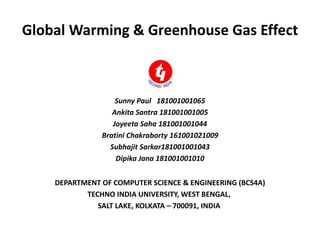 Global Warming & Greenhouse Gas Effect
Sunny Paul 181001001065
Ankita Santra 181001001005
Joyeeta Saha 181001001044
Bratini Chakraborty 161001021009
Subhajit Sarkar181001001043
Dipika Jana 181001001010
DEPARTMENT OF COMPUTER SCIENCE & ENGINEERING (BCS4A)
TECHNO INDIA UNIVERSITY, WEST BENGAL,
SALT LAKE, KOLKATA – 700091, INDIA
 