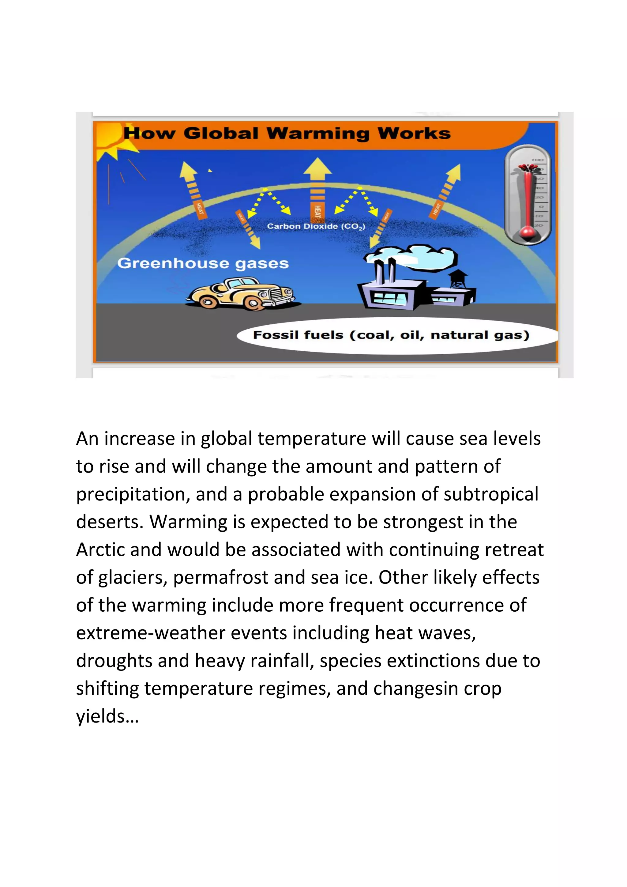 An increase in global temperature will cause sea levels
to rise and will change the amount and pattern of
precipitation, and a probable expansion of subtropical
deserts. Warming is expected to be strongest in the
Arctic and would be associated with continuing retreat
of glaciers, permafrost and sea ice. Other likely effects
of the warming include more frequent occurrence of
extreme-weather events including heat waves,
droughts and heavy rainfall, species extinctions due to
shifting temperature regimes, and changesin crop
yields…
 