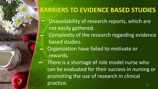 BARRIERS TO EVIDENCE BASED STUDIES
Unavailability of research reports, which are
not easily gathered.
Complexity of the research regarding evidence
based studies.
Organization have failed to motivate or
rewards.
There is a shortage of role model nurse who
can be evaluated for their success in nursing or
promoting the use of research in clinical
practice. 34
 