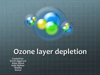 Ozone layer depletion
Created by:-
Smriti Aggarwal
Rajat sejwal
Kajal Makkar
Mallika
Komal
 