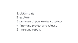1. obtain data
2. explore
3. do research/create data product
4. ﬁne tune project and release
5. rinse and repeat
 