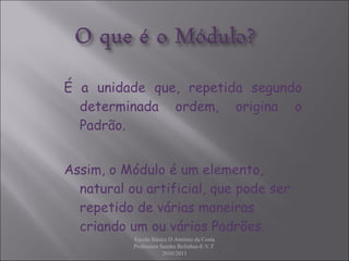 É a unidade que, repetida segundo determinada ordem, origina o Padrão. Assim, o Módulo é um elemento, natural ou artificial, que pode ser repetido de várias maneiras criando um ou vários Padrões. Escola Básica D.António da Costa Professora Sandra Bolinhas-E.V.T  2010/2011 