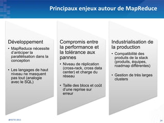 Principaux enjeux autour de MapReduce
Développement
• MapReduce nécessite
d’anticiper la
parallélisation dans la
conception
• Les langages de haut
niveau ne masquent
pas tout (analogie
avec le SQL)
Compromis entre
la performance et
la tolérance aux
pannes
• Niveau de réplication
(cross-rack, cross data
center) et charge du
réseau
• Taille des blocs et coût
d’une reprise sur
erreur
Industrialisation de
la production
• Compatibilité des
produits de la stack
(produits, équipes,
roadmap différentes)
• Gestion de très larges
clusters
24@OCTO 2011
 