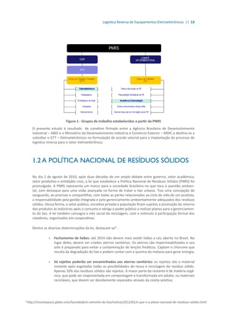 Logística Reversa de Equipamentos Eletroeletrônicos || 13
Figura 1 - Grupos de trabalho estabelecidos a partir da PNRS
O presente estudo é resultado de convênio firmado entre a Agência Brasileira de Desenvolvimento
Industrial – ABDI e o Ministério do Desenvolvimento Indústria e Comércio Exterior – MDIC e destina-se a
subsidiar o GTT – Eletroeletrônicos na formulação de acordo setorial para a implantação do processo de
logística reversa para o setor eletroeletrônico.
1.2 A POLÍTICA NACIONAL DE RESÍDUOS SÓLIDOS
No dia 2 de agosto de 2010, após duas décadas de um amplo debate entre governo, setor acadêmico,
setor produtivo e entidades civis, a lei que estabelece a Política Nacional de Resíduos Sólidos (PNRS) foi
promulgada. A PNRS representa um marco para a sociedade brasileira no que toca à questão ambien-
tal, com destaque para uma visão avançada na forma de tratar o lixo urbano. Traz uma concepção de
vanguarda, ao priorizar e compartilhar, com todas as partes relacionadas ao ciclo de vida de um produto,
a responsabilidade pela gestão integrada e pelo gerenciamento ambientalmente adequados dos resíduos
sólidos. Dessa forma, o setor público, iniciativa privada e população ficam sujeitos à promoção do retorno
dos produtos às indústrias após o consumo e obriga o poder público a realizar planos para o gerenciamen-
to do lixo. A lei também consagra o viés social da reciclagem, com o estímulo à participação formal dos
catadores, organizados em cooperativas.
Dentre as diversas determinações da lei, destacam-se² :
»» Fechamento de lixões: até 2014 não devem mais existir lixões a céu aberto no Brasil. No
lugar deles, devem ser criados aterros sanitários. Os aterros são impermeabilizados e seu
solo é preparado para evitar a contaminação de lençóis freáticos. Captam o chorume que
resulta da degradação do lixo e podem contar com a queima do metano para gerar energia;
»» Só rejeitos poderão ser encaminhados aos aterros sanitários: os rejeitos são o material
restante após esgotadas todas as possibilidades de reuso e reciclagem do resíduo sólido.
Apenas 10% dos resíduos sólidos são rejeitos. A maior parte do restante é de matéria orgâ-
nica, que pode ser reaproveitada em compostagem e transformada em adubo; ou materiais
recicláveis, que devem ser devidamente separados através da coleta seletiva;
² http://revistaepoca.globo.com/Sociedade/o-caminho-do-lixo/noticia/2012/01/o-que-e-o-plano-nacional-de-residuos-solidos.html
 
