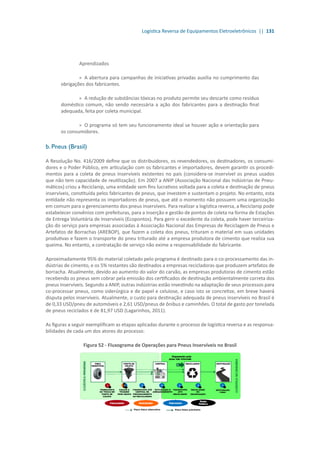 Logística Reversa de Equipamentos Eletroeletrônicos || 131
Aprendizados
»» A abertura para campanhas de iniciativas privadas auxilia no cumprimento das
obrigações dos fabricantes.
»» A redução de substâncias tóxicas no produto permite seu descarte como resíduo
doméstico comum, não sendo necessária a ação dos fabricantes para a destinação final
adequada, feita por coleta municipal.
»» O programa só tem seu funcionamento ideal se houver ação e orientação para
os consumidores.
b. Pneus (Brasil)
A Resolução No. 416/2009 define que os distribuidores, os revendedores, os destinadores, os consumi-
dores e o Poder Público, em articulação com os fabricantes e importadores, devem garantir os procedi-
mentos para a coleta de pneus inservíveis existentes no país (considera-se inservível os pneus usados
que não tem capacidade de reutilização). Em 2007 a ANIP (Associação Nacional das Indústrias de Pneu-
máticos) criou a Reciclanip, uma entidade sem fins lucrativos voltada para a coleta e destinação de pneus
inservíveis, constituída pelos fabricantes de pneus, que investem e sustentam o projeto. No entanto, esta
entidade não representa os importadores de pneus, que até o momento não possuem uma organização
em comum para o gerenciamento dos pneus inservíveis. Para realizar a logística reversa, a Reciclanip pode
estabelecer convênios com prefeituras, para a inserção e gestão de pontos de coleta na forma de Estações
de Entrega Voluntária de Inservíveis (Ecopontos). Para gerir o excedente da coleta, pode haver terceiriza-
ção do serviço para empresas associadas à Associação Nacional das Empresas de Reciclagem de Pneus e
Artefatos de Borrachas (AREBOP), que fazem a coleta dos pneus, trituram o material em suas unidades
produtivas e fazem o transporte do pneu triturado até a empresa produtora de cimento que realiza sua
queima. No entanto, a contratação de serviço não exime a responsabilidade do fabricante.
Aproximadamente 95% do material coletado pelo programa é destinado para o co-processamento das in-
dústrias de cimento, e os 5% restantes são destinados a empresas recicladoras que produzem artefatos de
borracha. Atualmente, devido ao aumento do valor do carvão, as empresas produtoras de cimento estão
recebendo os pneus sem cobrar pela emissão dos certificados de destinação ambientalmente correta dos
pneus inservíveis. Segundo a ANIP, outras indústrias estão investindo na adaptação de seus processos para
co-processar pneus, como siderúrgica e de papel e celulose, e caso isto se concretize, em breve haverá
disputa pelos inservíveis. Atualmente, o custo para destinação adequada de pneus inservíveis no Brasil é
de 0,33 USD/pneu de automóveis e 2,61 USD/pneus de ônibus e caminhões. O total de gasto por tonelada
de pneus reciclados é de 81,97 USD (Lagarinhos, 2011).
As figuras a seguir exemplificam as etapas aplicadas durante o processo de logística reversa e as responsa-
bilidades de cada um dos atores do processo:
Figura 52 - Fluxograma de Operações para Pneus Inservíveis no Brasil
 