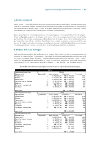 Logística Reversa de Equipamentos Eletroeletrônicos || 71
a. Corte populacional
Dessa forma, a “População mínima dos municípios que serão Centros de Triagem” definirá os municípios
que serão centros de triagem. Todos os municípios que participarem do programa e não forem centro
de triagem enviarão seu REEE para o centro de triagem mais próximo (essa distância é calculada com as
coordenadas de cada municípios e será melhor explorado posteriormente).
Caso seja configurado um corte populacional mais elevado, poucos municípios terão centros de triagem.
Nesta configuração os centros de triagem terão maior volume e, consequentemente, um menor custo
por tonelada. No entanto, as cidades que não serão centros de triagem terão menos opções de envio e,
por isso, terão maiores fretes primários. Fazendo a mesma analogia com cortes pequenos, existirão mais
centros de triagem que terão um custo por tonelada mais elevado, mas facilitarão os fretes primários dos
municípios atendidos. Por isso, esse corte deve ser analisado para se obter o ponto ótimo.
b. Modelos de Centro de Triagem
Após definido os municípios que serão centros de triagem, é necessário calcular os custos envolvidos no
processo de triagem de fato. Considerando a diversidade do volume enviado para cada município que será
um centro de triagem, foram definidos 3 modelos de centro de triagem com diferentes custos e capaci-
dades. Na tabela abaixo são apresentados os 3 tipos de centros de triagem com seus respectivos custos
operacionais (OPEX) e investimentos necessários (CAPEX) (12.000, 3.600 e 1.200 toneladas anuais).
Tabela 12 – Investimentos (Capex) e Custos Operacionais (Opex) do Centro de Triagem
 