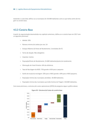 88 || Logística Reversa de Equipamentos Eletroeletrônicos
Avaliando o custo total, definiu-se os municípios de 150.000 habitantes como os que terão centro de tria-
gem no cenário base.
4.5.3	Cenário Base
A partir da argumentação desenvolvida nos capítulos anteriores, definiu-se o cenário base em 2017 com
as seguintes premissas:
»» Adesão: 50%
»» Número mínimo de coletas por ano: 24
»» Estoque Máximo do Ponto de Recebimento: 2 toneladas (8 m²)
»» Termo de doação: Não obrigatório
»» Impostos: Isentos
»» População/Ponto de Recebimento: 25.000 habitantes/ponto de recebimento
»» Otimização do Frete Primário: 65% de eficiência
»» Taxa de Reciclagem do REEE: 75% grande e 65% para o pequeno
»» Ganho de escala da reciclagem: 20% para o REEE grande e 30% para o REEE pequeno;
»» População mínima dos municípios atendidos: 30.000 habitantes;
»» População mínima dos municípios que terão Centros de Triagem: 150.000 habitantes;
Com essas premissas, a estrutura de custos operacionais (OPEX) do programa segue o gráfico abaixo:
Figura 30 - Estrutura de Custos do cenário base
 