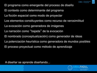CBC / 10 Departamento 
Proyectual 
El programa como emergente del proceso de diseño 
El contexto como determinante del programa 
La ficción espacial como modo de proyectar 
Los elementos constituyentes como recurso de verosimilitud 
La evocación como generadora de imágenes 
La narración como “bajada” de la evocación 
El nombrado (conceptualización) como generador de ideas 
La potenciación heurística como generadora de mundos posibles 
El proceso proyectual como método de aprendizaje 
A diseñar se aprende diseñando... 
 