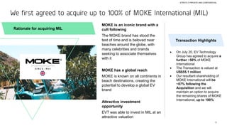 11
We first agreed to acquire up to 100% of MOKE International (MIL)
MOKE is an iconic brand with a
cult following
The MOKE brand has stood the
test of time and is beloved near
beaches around the globe, with
many celebrities and brands
seeking to associate themselves
with it
MOKE has a global reach
MOKE is known on all continents in
beach destinations, creating the
potential to develop a global EV
brand
Attractive investment
opportunity
EVT was able to invest in MIL at an
attractive valuation
Rationale for acquiring MIL
STRICTLY PRIVATE AND CONFIDENTIAL
• On July 20, EV Technology
Group has agreed to acquire a
further ~50% of MOKE
International
• The Transaction is valued at
US$55.1 million
• Our resultant shareholding of
MOKE International will be
~67% following the
Acquisition and we will
maintain an option to acquire
the remaining shares of MOKE
International, up to 100%
Transaction Highlights
 