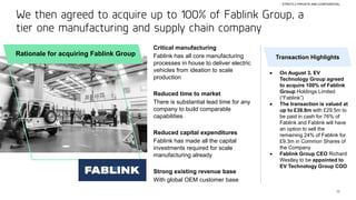 12
We then agreed to acquire up to 100% of Fablink Group, a
tier one manufacturing and supply chain company
Critical manufacturing
Fablink has all core manufacturing
processes in house to deliver electric
vehicles from ideation to scale
production
Reduced time to market
There is substantial lead time for any
company to build comparable
capabilities
Reduced capital expenditures
Fablink has made all the capital
investments required for scale
manufacturing already
Strong existing revenue base
With global OEM customer base
Rationale for acquiring Fablink Group
STRICTLY PRIVATE AND CONFIDENTIAL
• On August 3, EV
Technology Group agreed
to acquire 100% of Fablink
Group Holdings Limited
(“Fablink”)
• The transaction is valued at
up to £38.8m with £29.5m to
be paid in cash for 76% of
Fablink and Fablink will have
an option to sell the
remaining 24% of Fablink for
£9.3m in Common Shares of
the Company
• Fablink Group CEO Richard
Westley to be appointed to
EV Technology Group COO
Transaction Highlights
 