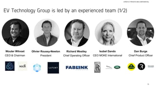 15
STRICTLY PRIVATE AND CONFIDENTIAL
EV Technology Group is led by an experienced team (1/2)
Wouter Witvoet
CEO & Chairman
Isobel Dando
CEO MOKE International
Dan Burge
Chief Product Officer
Olivier Roussy-Newton
President
Richard Westley
Chief Operating Officer
 