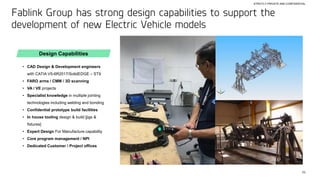 39
STRICTLY PRIVATE AND CONFIDENTIAL
Fablink Group has strong design capabilities to support the
development of new Electric Vehicle models
• CAD Design & Development engineers
with CATIA V5-6R2017/SolidEDGE – ST9
• FARO arms / CMM / 3D scanning
• VA / VE projects
• Specialist knowledge in multiple jointing
technologies including welding and bonding
• Confidential prototype build facilities
• In house tooling design & build [jigs &
fixtures]
• Expert Design For Manufacture capability
• Core program management / NPI
• Dedicated Customer / Project offices
Design Capabilities
 