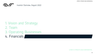 43
STRICTLY PRIVATE AND CONFIDENTIAL
EV Technology Group Ltd. Copyright 2022
Investor Overview, August 2022
1. Vision and Strategy
2. Team
3. Operating Businesses
4. Financials
STRICTLY PRIVATE AND CONFIDENTIAL
 
