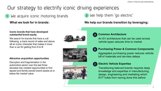 9
STRICTLY PRIVATE AND CONFIDENTIAL
Our strategy to electrify iconic driving experiences
We acquire iconic motoring brands We help them ‘go electric’
1 2
Attractive acquisition opportunities
Disruption and fragmentation in the
automotive sector over the last three
decades has created opportunities to find
lapsed and family-owned brand assets at or
below fair market value
Iconic brands that have developed
substantial brand equity
We search for brands that have a cult
following, a track record of sales and above
all an iconic character that makes it more
than a car for getting from A to B
What we look for in brands: We help our brands transition by leveraging:
A Common Architecture
An EV architecture that can be used across
vehicle types reduces time to market
B Purchasing Power & Common Components
Aggregated purchasing power reduces vehicle
bill of materials and de-risks delays
C Electric Vehicle Expertise
Transitioning beloved brands requires deep
knowledge and expertise in manufacturing,
design, engineering and marketing which
EVT holds from having done this before
 