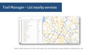 Trail Manager – List nearby services
Add useful services to the trail map such as restaurants, gas stations, dealerships, etc.
 