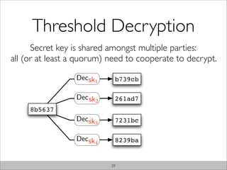 Threshold Decryption
      Secret key is shared amongst multiple parties:
all (or at least a quorum) need to cooperate to ...