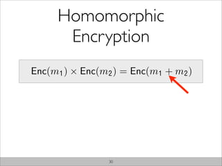 Homomorphic
      Encryption
Enc(m1 ) × Enc(m2 ) = Enc(m1 + m2 )




                30
 