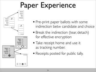 Paper Experience
                            David
                            Adam
                                Bob
                           Charlie
    David _______
    Adam _______
     Bob _______                                Pre-print paper ballots with some
                                                indirection betw candidate and choice
 Charlie _______
                           _______
               8c3sw
                           _______
                           _______
                           _______
                                8c3sw
                                                Break the indirection (tear, detach)
                        Adam - x
                                      8c3sw
                                                for effective encryption
                         Bob - q
                       Charlie - r
                        David - m               Take receipt home and use it
 Adam - x
  Bob - q
              8c3sw
                                                as tracking number.
Charlie - r

q
q
 David - m
     r
     r   m
         m     x
               x
                                        8c3sw
                                                Receipts posted for public tally.

                       q    r     m      x




                                                       36
 