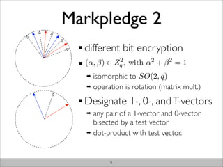 Markpledge 2
  different bit encryption
  (α, β) ∈    Zq ,
               2
                     with α + β = 1
                          2   2

   ➡ isomorphic to SO(2, q)
   ➡ operation is rotation (matrix mult.)


  Designate 1-, 0-, and T-vectors
   ➡ any pair of a 1-vector and 0-vector
     bisected by a test vector
   ➡ dot-product with test vector.




          9
 