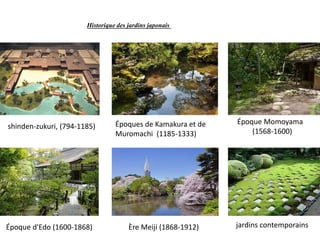 Historique des jardins japonais
shinden-zukuri, (794-1185) Époques de Kamakura et de
Muromachi (1185-1333)
Époque Momoyama
(1568-1600)
Époque d'Edo (1600-1868) Ère Meiji (1868-1912) jardins contemporains
 