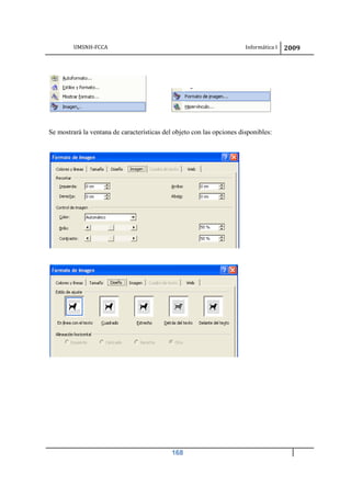 UMSNH-FCCA Informática I 2009
168
Se mostrará la ventana de características del objeto con las opciones disponibles:
 
