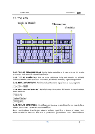 UMSNH-FCCA Informática I 2009
79
7.6. TECLADO.
7.6.1. TECLAS ALFANUMÉRICAS. Son las teclas contenidas en la parte principal del teclado,
referentes a letras, signos de puntuación y números.
7.6.2. TECLAS NUMÉRICAS. Son las teclas contenidas en la parte derecha del teclado,
conocido también como teclado de calculadora, referente a números y signos de operación.
7.6.3. TECLAS DE FUNCIÓN. Permiten realizar funciones específicas en cada programa.
F1 , F2 , ..., F12 .
7.6.4. TECLAS DE MOVIMIENTO. Permiten desplazarse dentro del entorno de un documento,
menú o ventana.
   .
AvPag , RePag .
Inicio , Fin .
7.6.5. TECLAS ESPECIALES. Se utilizan casi siempre en combinación con otras teclas y
sirven, a veces, para ejecutar acciones específicas.
Estas combinaciones de teclas para ejecutar acciones específicas es lo que se conoce como
teclas del método abreviado. Con ello se quiere decir que mediante cierta combinación de
 